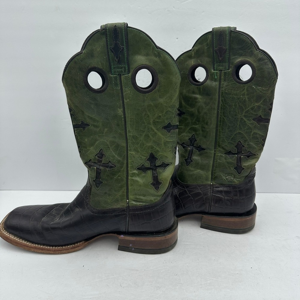 Ariat Mens Ranchero Cowboy Boots Sz 9.5D Green Brown Cross Overlay Square Toe - Picture 7 of 7